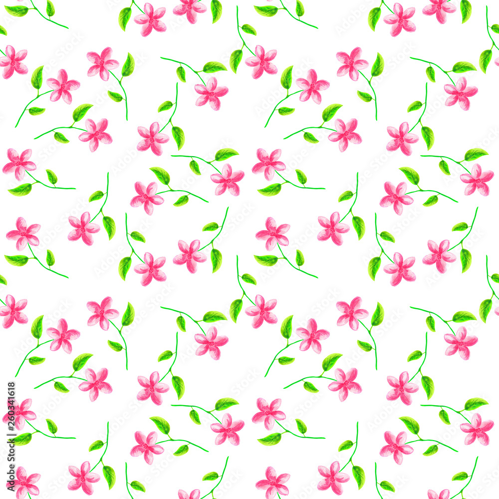 Naklejka Small watercolor pink wildflowers on white background seamless pattern for fabric, textile, paper, wallpaper
