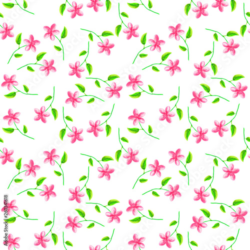 Small watercolor pink wildflowers on white background seamless pattern for fabric, textile, paper, wallpaper