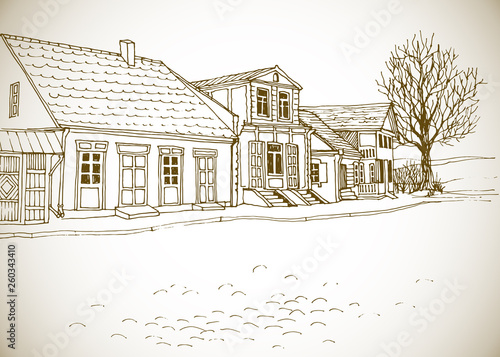 Romantic view of the village street. Old landscape of Eastern Europe. Vector illustration in hand drawn line style. Sketch in sepia on texture background