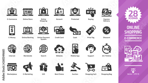 E-commerce and online shopping glyph icon set with e-money, digital technology internet business, mobile sale, payment service, web shop silhouette symbols.