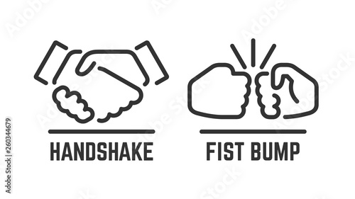 Vector handshake and fist bump outline icon with agreement or partnership line pictogram.