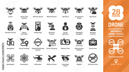 Drone unmanned aerial vehicle glyph icon set with UAV digital technology, sky camera, military and delivery aircraft robots, helicopter, remote control silhouette symbols.