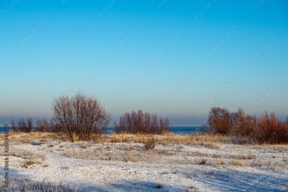frozen sea beach in winter with low snow coverage frozen sea beach in winter with low snow coverage