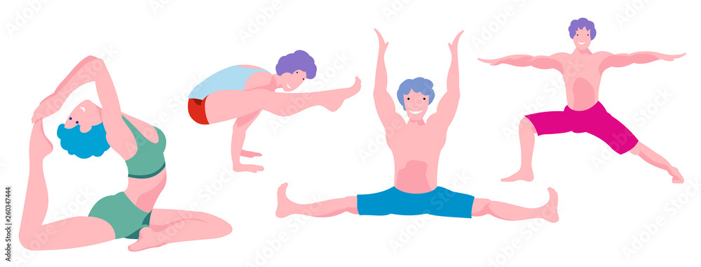 People silhouettes doing yoga on white background. Yoga class with people meditating and doing breathing exercise. Healthy life style. vector illustration