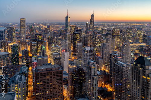 Aerial View of the Chicago Skyline at Sunset