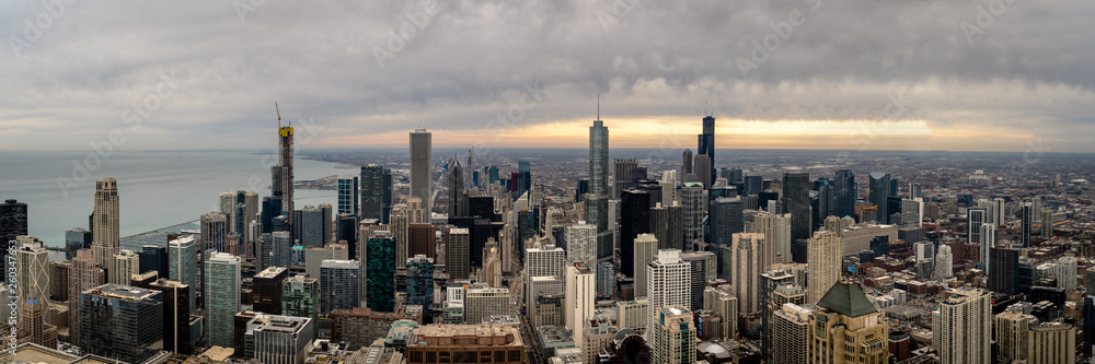 Aerial Panorama of the Chicago Skyline at Sunset
