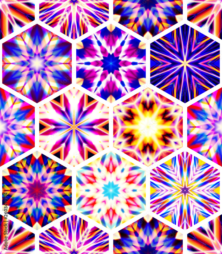 Abstract mosaic of caleidoscopes. Hexagonal image structure.