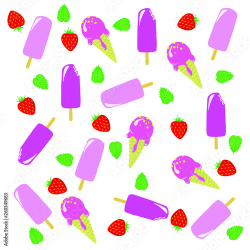 Vector illustration of pattern with pink ice creams  strawberries and leaves. White background. 