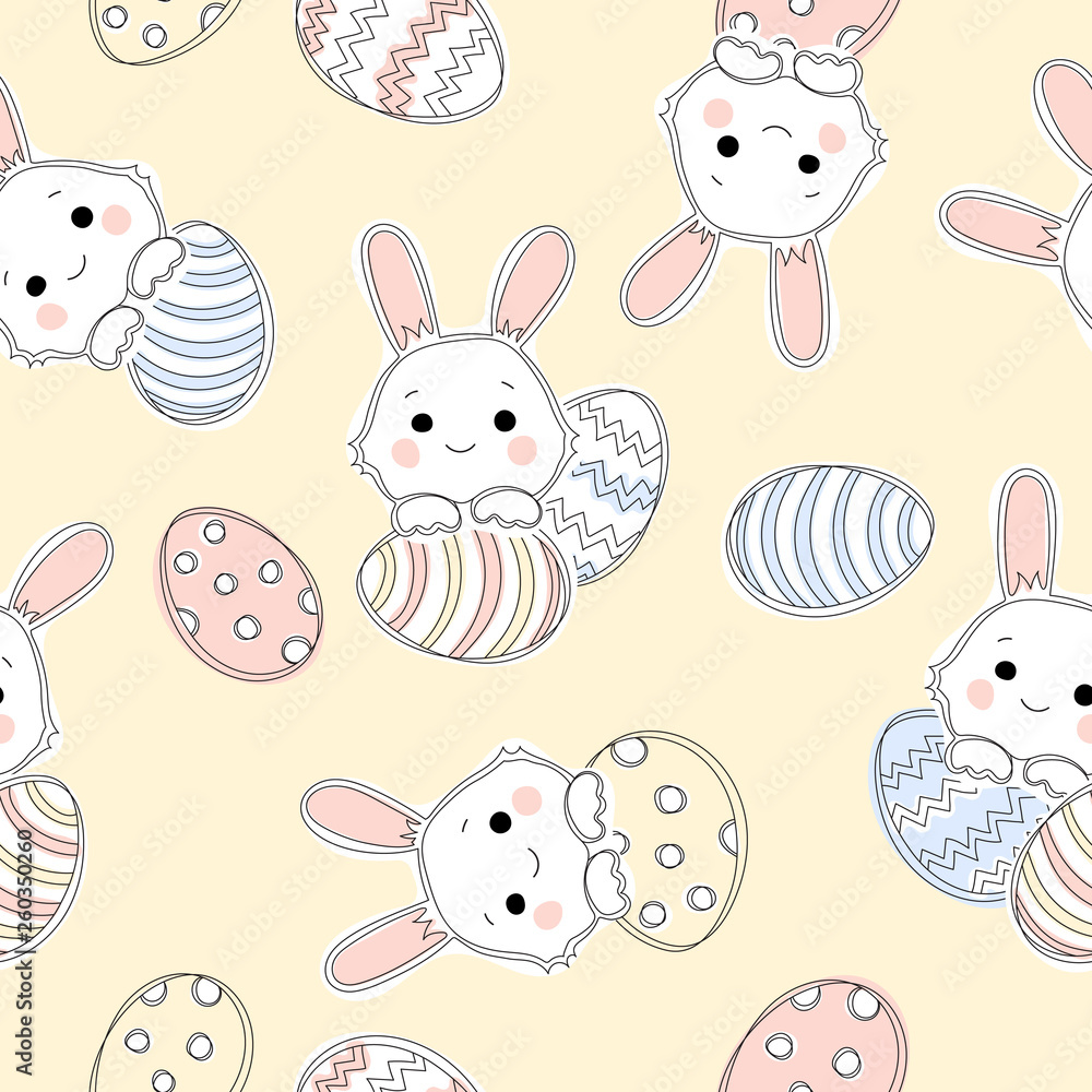 Fototapeta premium Hand drawn Easter seamless pattern with bunnies and easter eggs on yellow background.
