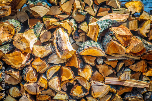 Element of design. Close up view of the front of many logs prepared for the winter. Nature background. Pile of Firewood.Firewood background.