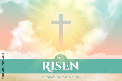 Christian religious design for Easter celebration. Rectangular horizontal vector banner with text: He is risen, shining Cross and heaven with white clouds.