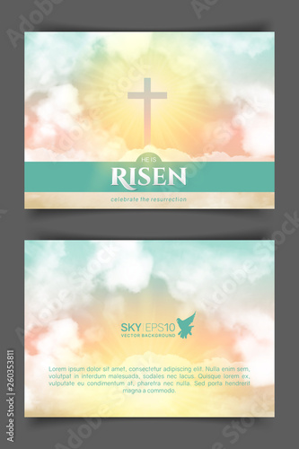 Christian religious design for Easter celebration. Two-sided horizontal flyer. Text: He is risen, shining Cross and heaven with white clouds.
