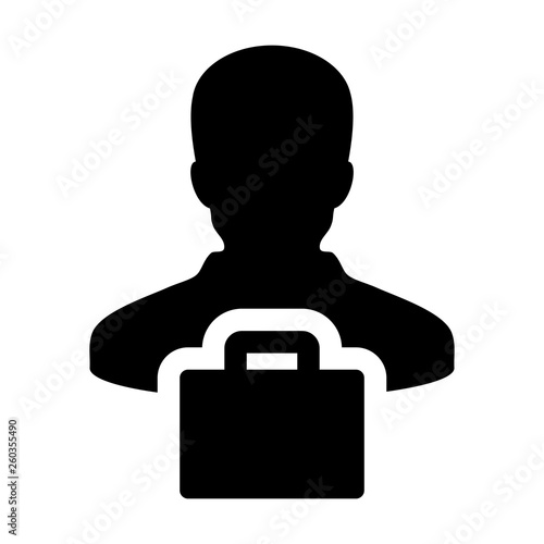 Shop icon vector male person profile avatar with shopping bag symbol for retail business and commerce in flat color glyph pictogram illustration