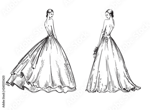 young women wearing wedding dresses. Bridal look fashion illustration