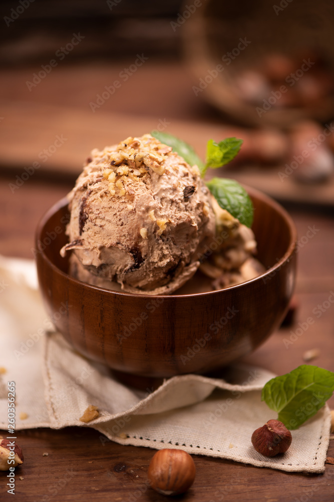 Hazelnut and chocolate icecream in a cup