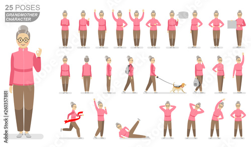 Character grandmother in a pink sports sweater and brown pants in various poses on a white background. Vector flat illustrations.