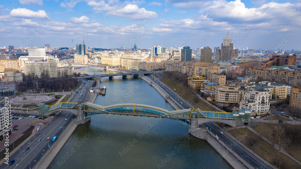 Moscow, Dorogomilovo district, aerial view of Moskva river, Bagration bridge - pedestrian bridge