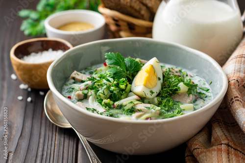 Traditional Russian summer cold soup okroshka with kefir in bowl on dark wooden background. Selective focus.
