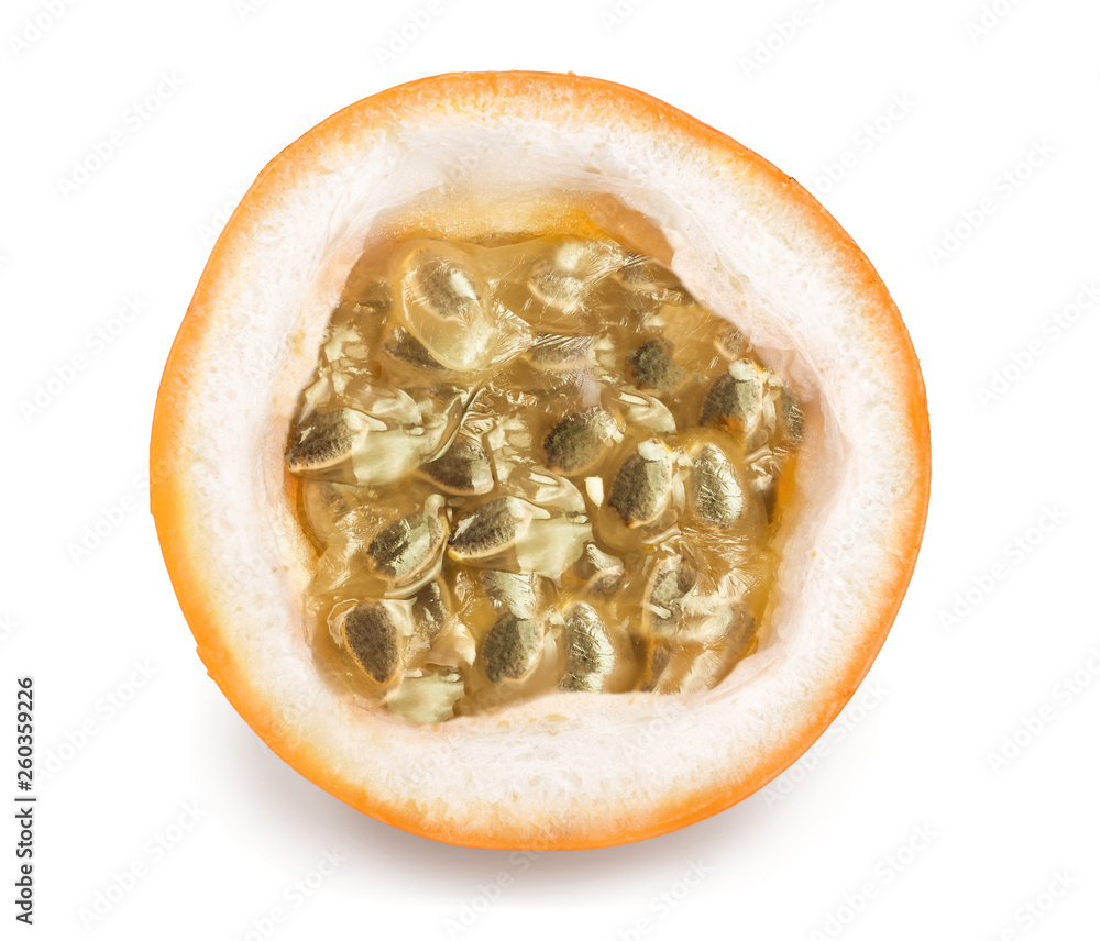 Granadilla or yellow passion fruit half isolated on white background Granadilla or yellow passion fruit half isolated on white background