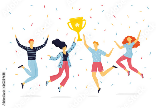 Happy group of people jumping for joy and holding up winning cup. The funny hand-drawn concept of teamwork, success, partnership or active lifestyle.
