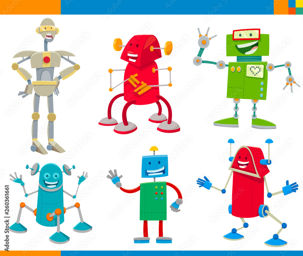 Cartoon Robots Funny Characters Set