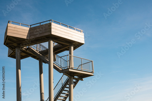 observation tower along Mergelland Route in Limburg, The Netherlands. Blue sky, space for text