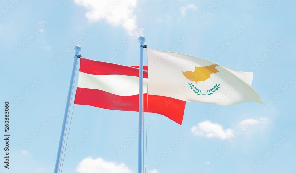 Austria and Cyprus, two flags waving against blue sky. 3d image Austria and Cyprus, two flags waving against blue sky. 3d image