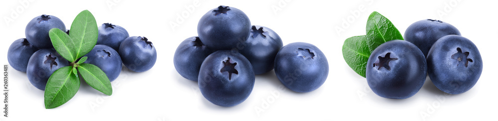 fresh blueberry with leaves isolated on white background closeup. Set or collection fresh blueberry with leaves isolated on white background closeup. Set or collection