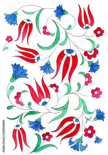 Illustration in the style of traditional Ottoman patterns. Watercolor tulip and carnation on white background.
