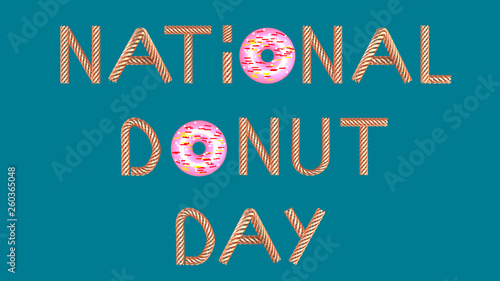 Gold text donut day on blue green background 3D illustration