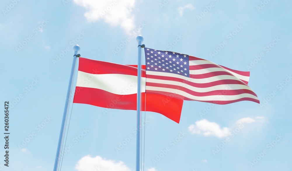 Obraz premium Austria and USA, two flags waving against blue sky. 3d image