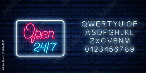 Neon open 24 hours 7 days sign in geometric shape with alphabet. Round the clock store signboard with lettering.