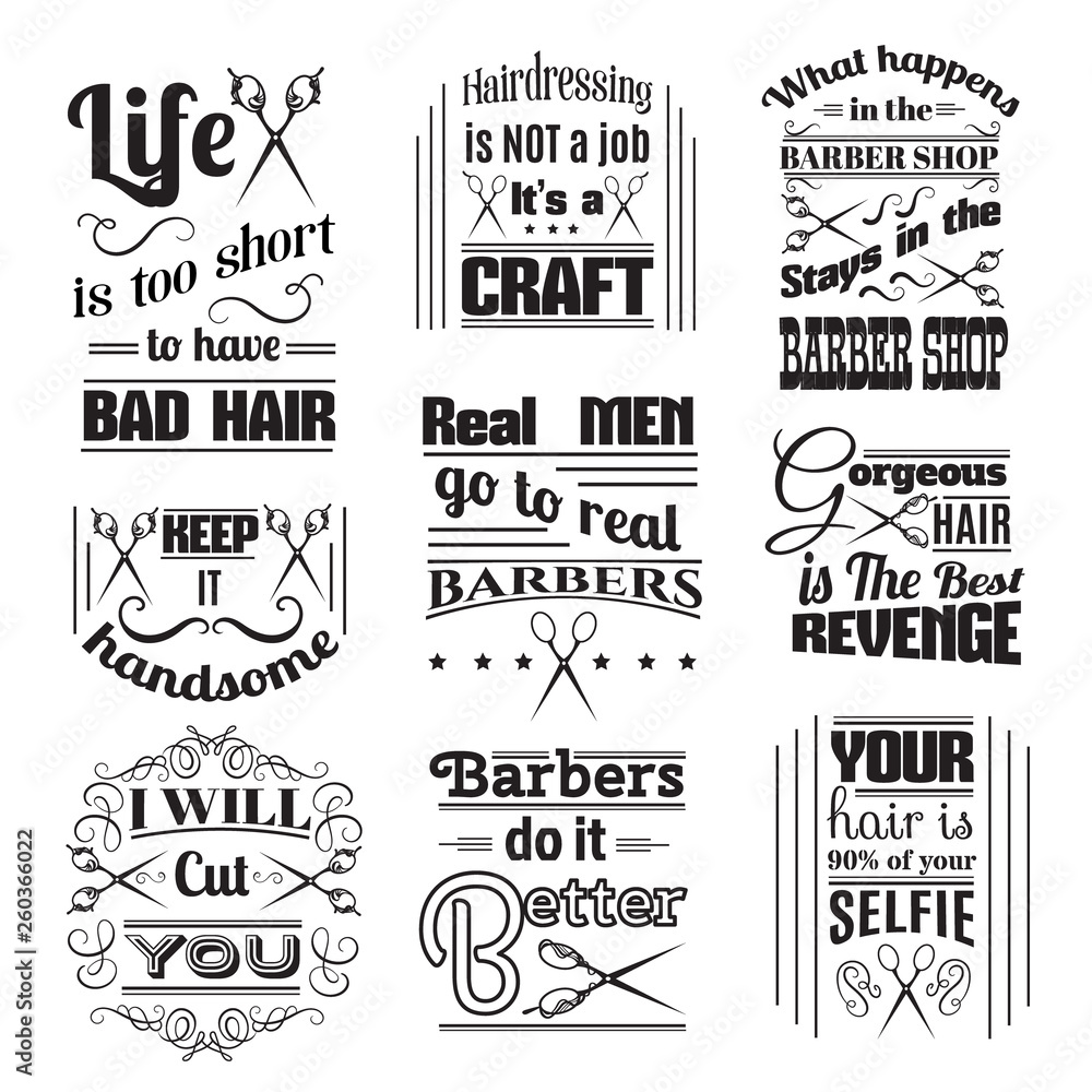 Collection of quote typographical background about hair and barber with illustration of vintage scissors. Vector template for poster business card banner and t-shirt