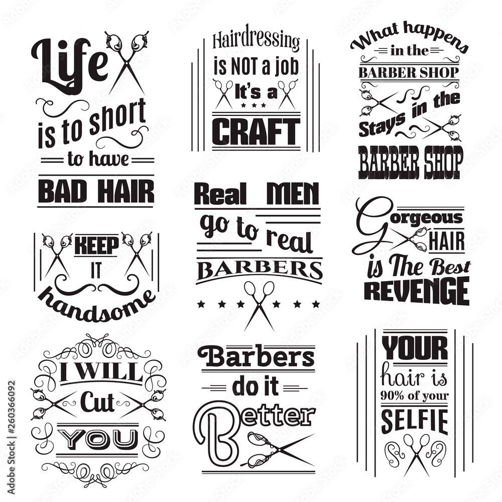 Fototapeta premium Quote typographical background about hair and barber with illustration of vintage scissors. Vector template for poster business card banner and t-shirt