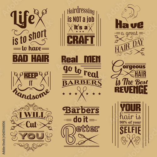 Quote typographical background about hair and barber with illustration of vintage scissors. Vector template for poster business card banner and t-shirt