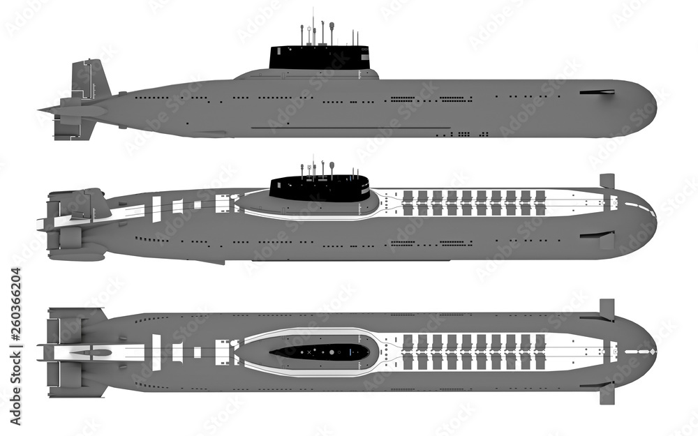 top and side view submarine isolated on white