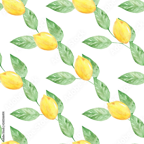 Watercolor handmade seamless pattern with yellow lemon fruit slices.