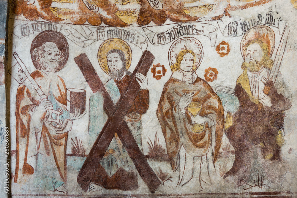 Medieval fresco of four apostles in a Swedish church