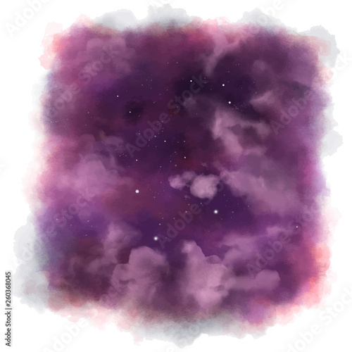 Realistic watercolor sky with shining stars. Beautiful Vector background on the night with clouds. Texture with the possibility of printing on a T-shirt, poster.  Illustration of a starry sky.