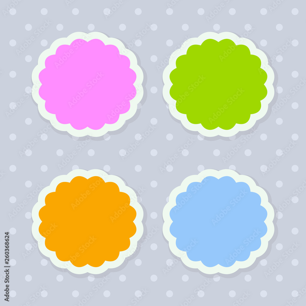 Four colorful seasonal stickers stylized as tree crown with scalloped edges Four colorful seasonal stickers stylized as tree crown with scalloped edges