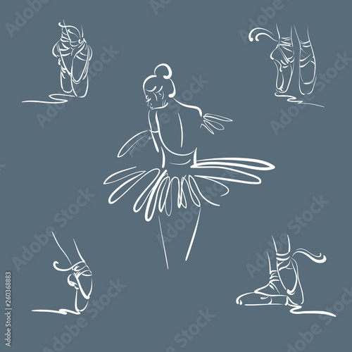 Vector illustration of woman pointe shoes and back of ballerina made in line hand drawn style isolated. Vector template for business card and banner