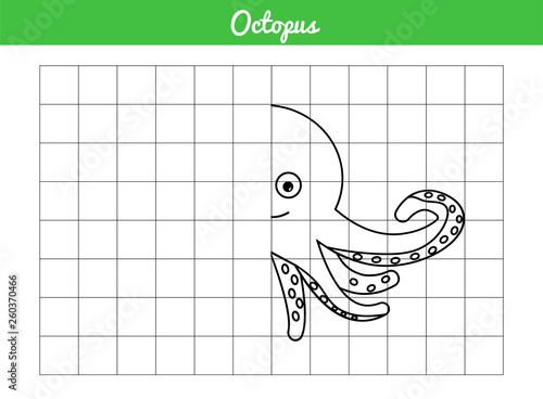 Grid, copy of the picture cute octopus. Sea dweller clam with tentacles. Vector outline of the animal isolated on white background. Simple coloring illustration repeat half of picture for kids leisure