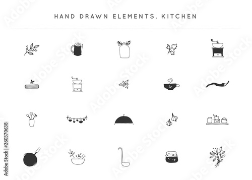 Vector kitchen logo elements set. Hand drawn objects.