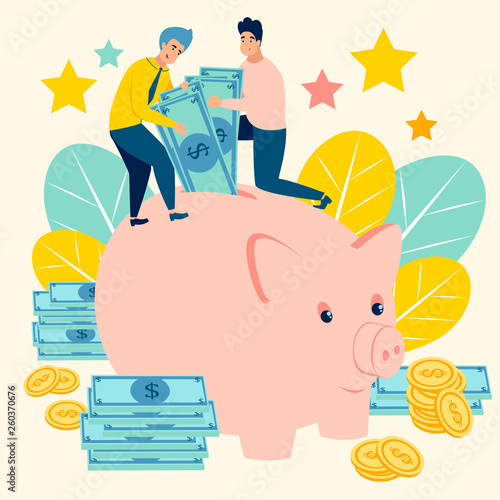 Replenishment of the family budget. People add savings to the piggy bank. In minimalist style. Cartoon flat Vector