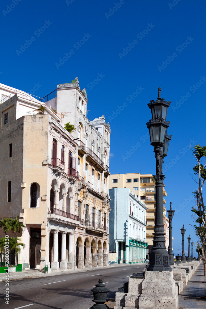 old buildings on the famous tourist street Malecon in Havana, Cuba