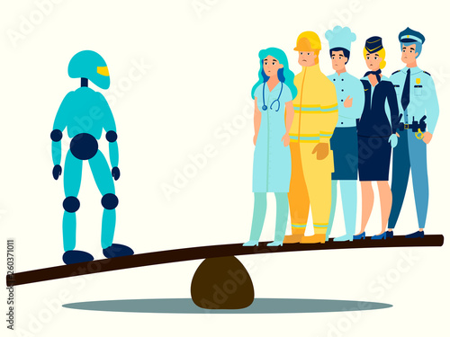 The modern world, technology is better than people. In minimalist style Cartoon flat Vector