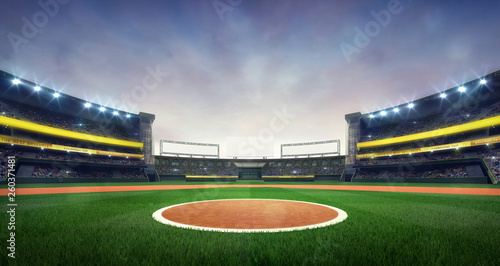 Photography Grand baseball stadium field spot daylight view, modern public sport building 3D render background