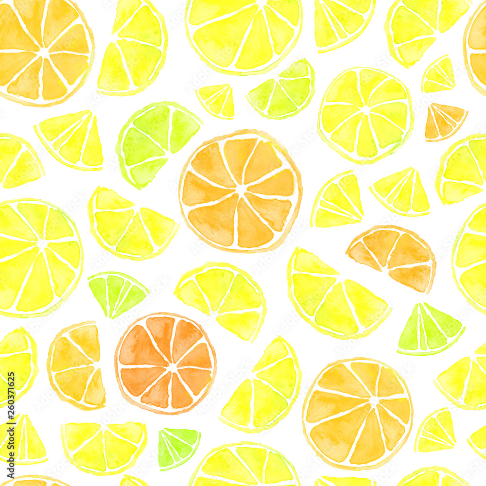 Seamless handdrawn watercolor citrus pattern on white background