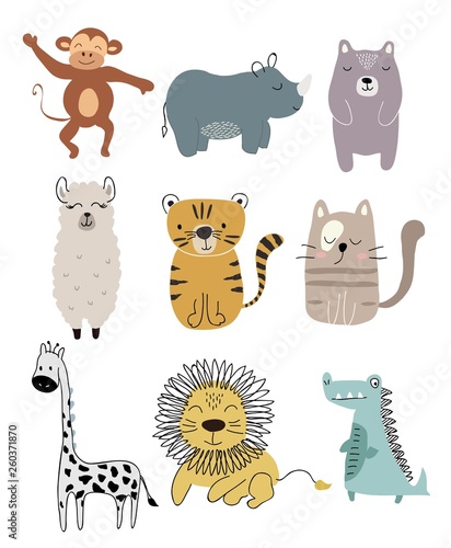 cute animals set. childish vector illustration scandinavian stylr design concept for card,kids clothes,baby shower