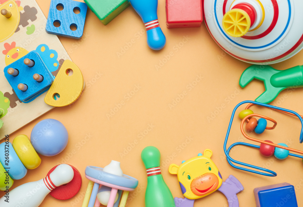 Kids toys. Background with children's toys. view from above. The space between children's toys.